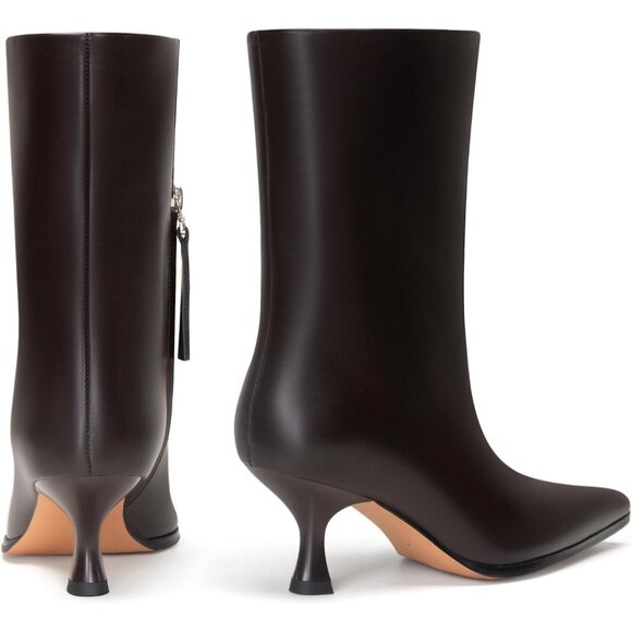 Women Brown Kitten Heel Pointed Toe Stiletto Faux Leather Mid Calf Ankle Booties - Picture 7 of 7